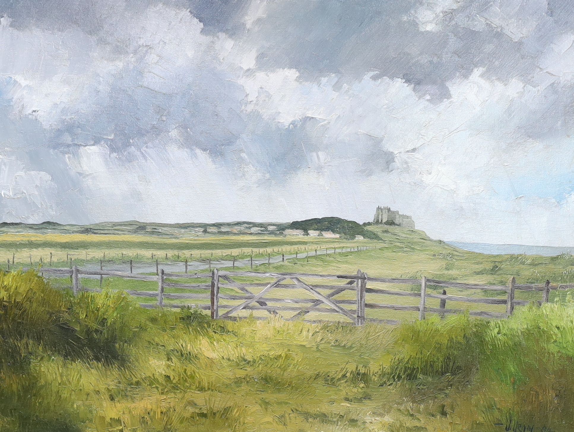 J. Urwin, oil on canvas, View of Bamburgh Castle, signed and dated '84, 45 x 60cm